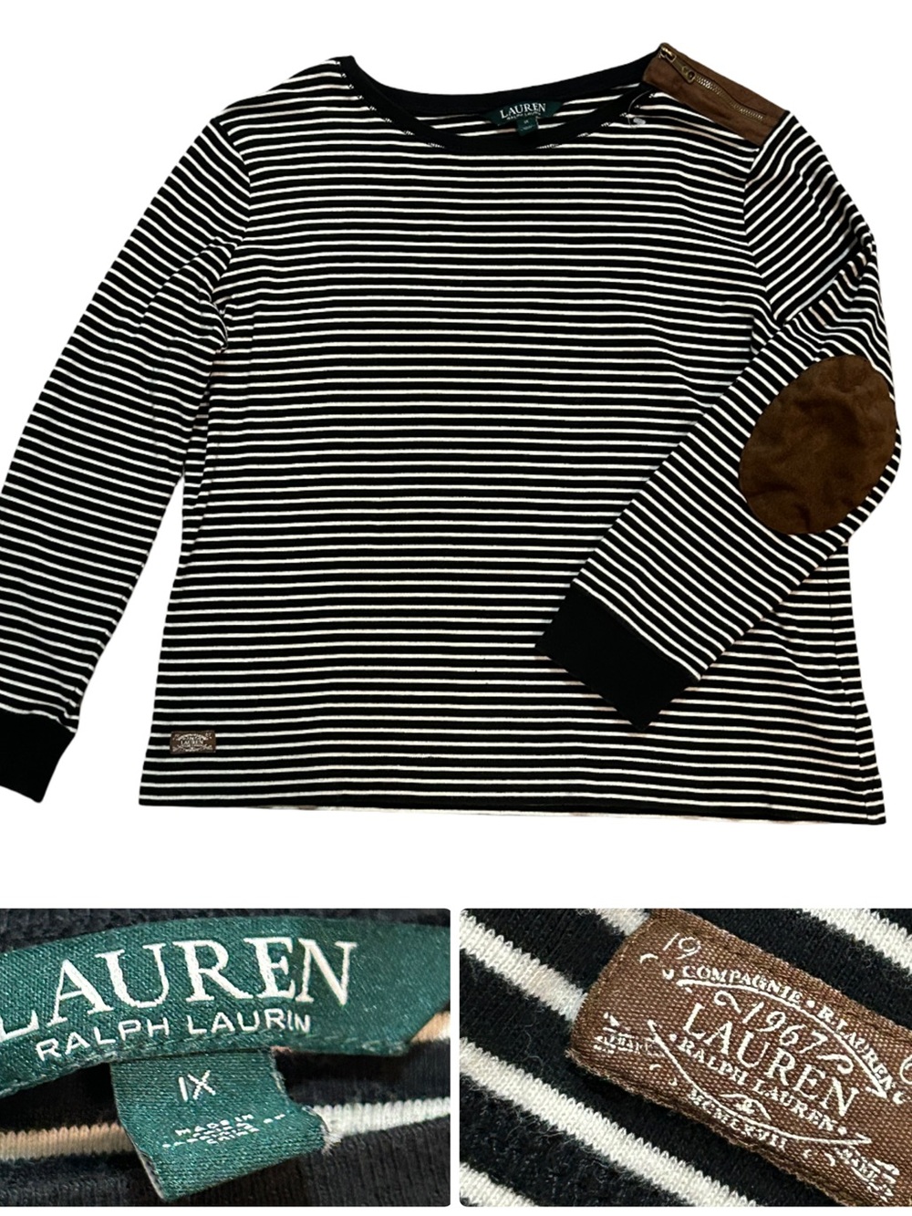 Lauren Ralph Lauren Striped Crewneck with Brown Elbow Patches - Picture 1 of 10